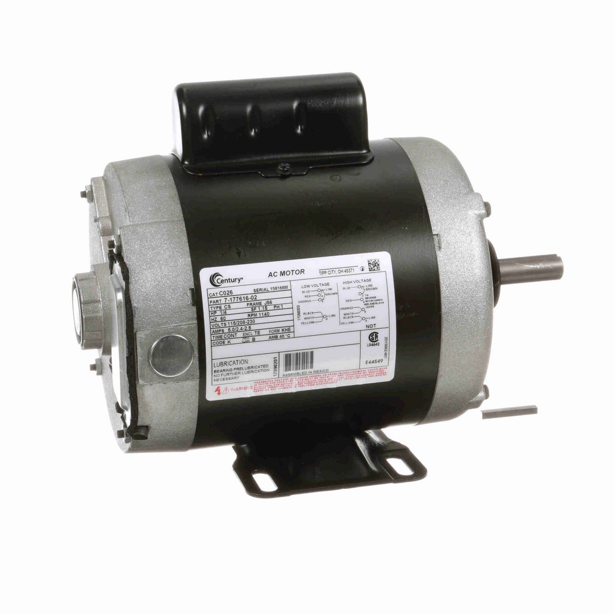 Century General Purpose Farm Duty Motor, 1/4 HP, 1 Ph, 60 Hz, 115/208-230 V, 1200 RPM, J56 Frame, TENV - C026