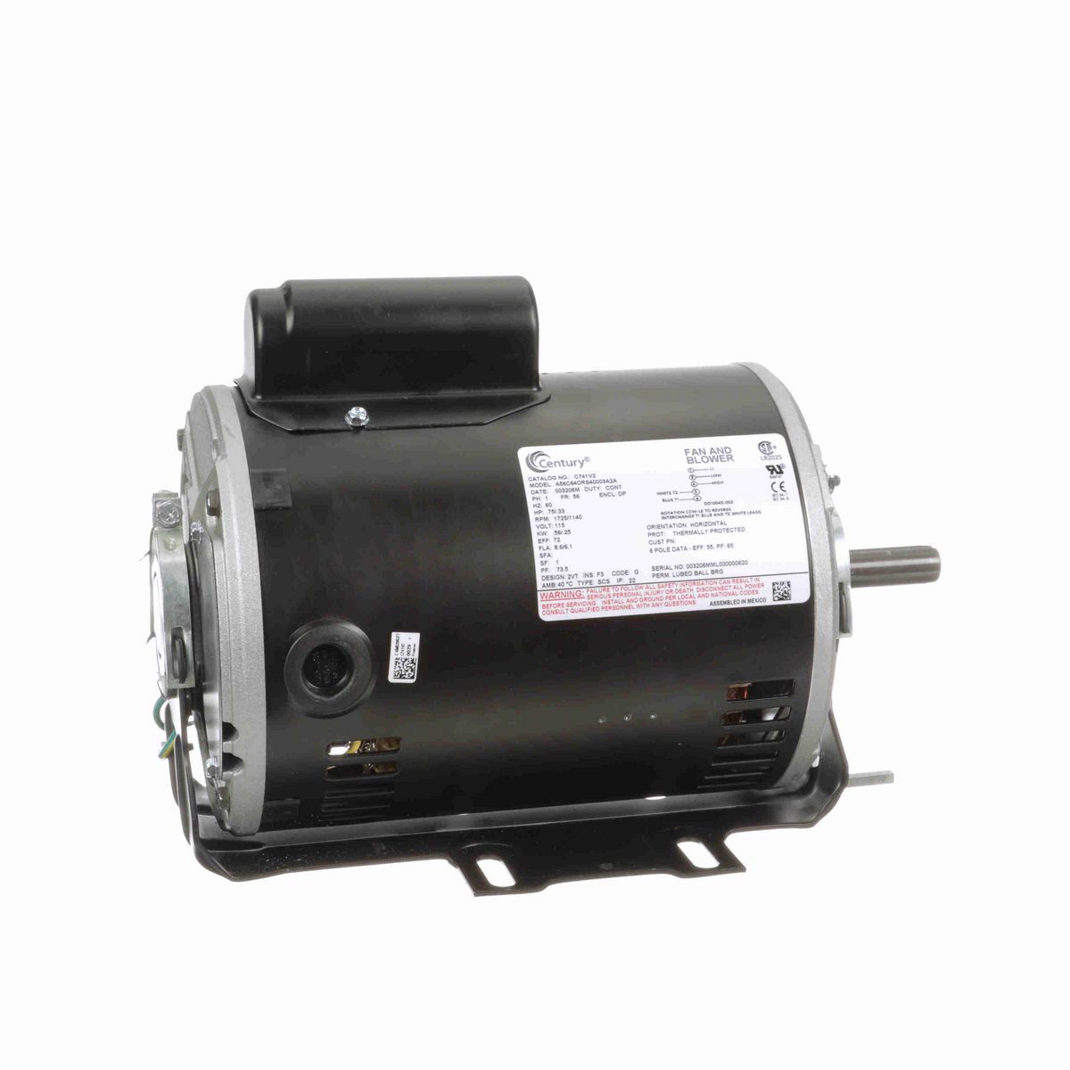 Century Fan and Blower Motor, .75/.33 HP, 1 Ph, 60 Hz, 115 V, 1800 RPM, 56 Frame, DP - C741V2