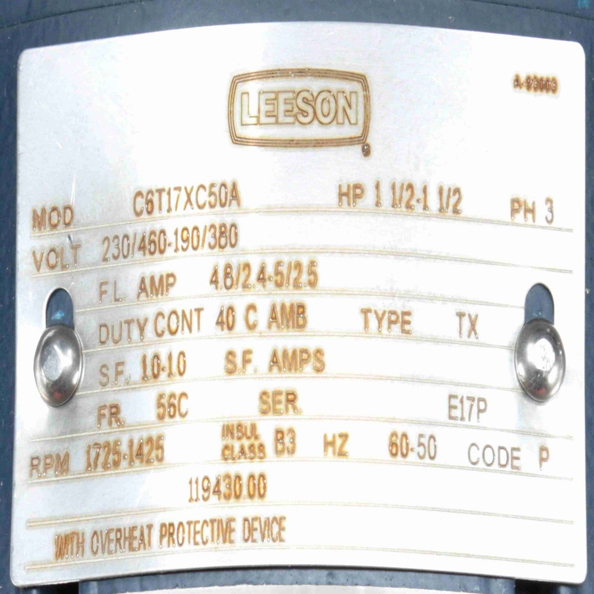 LEESON Explosion Proof Motor, 1.50 & 1.50 HP, 3 Ph, 60 & 50 Hz, 230/460 & 190/380 V, 1800 & 1500 RPM, 56C Frame, EPFC - 119430.00