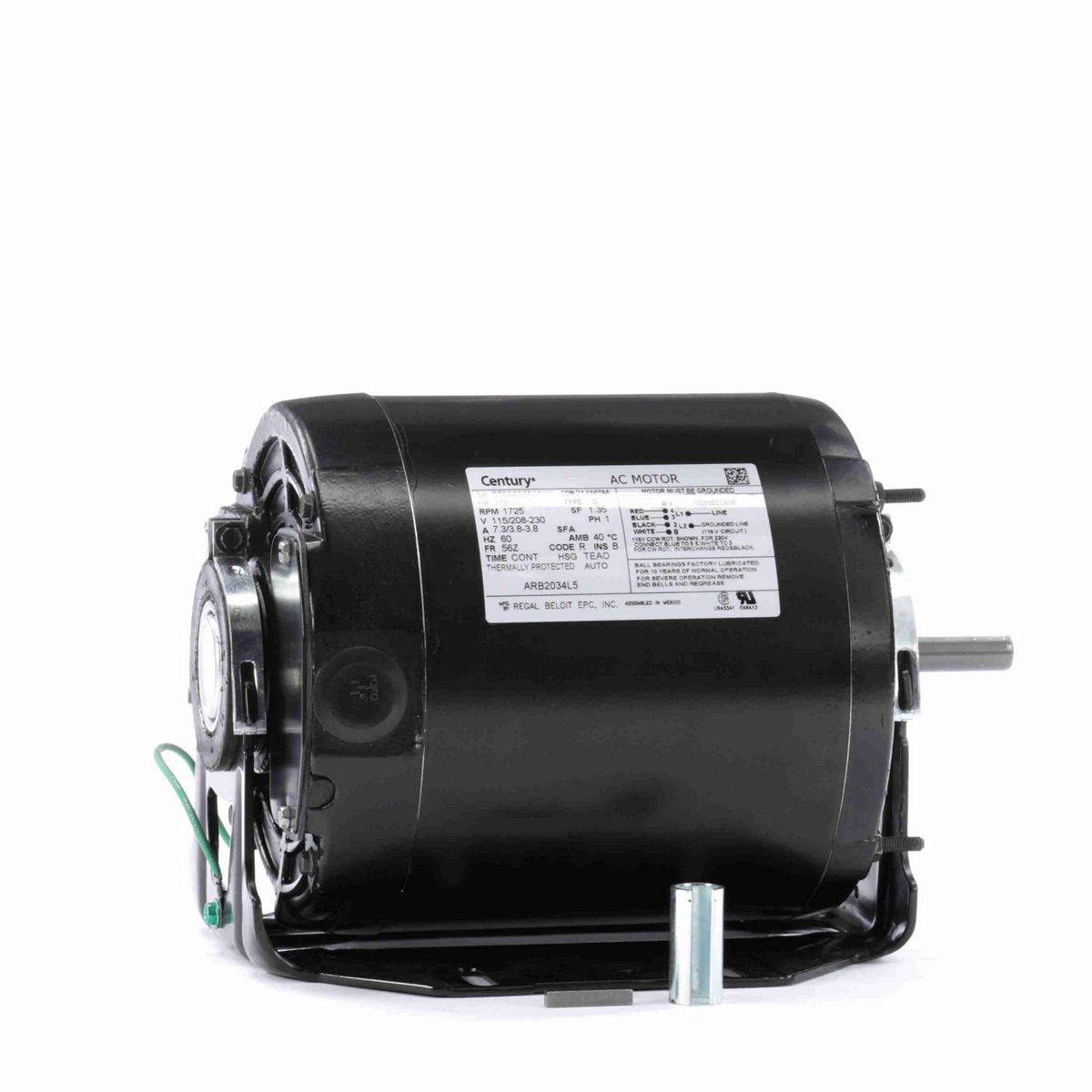 Century Fan and Blower Motor, 1/3 HP, 1 Ph, 60 Hz, 115/208-230 V, 1800 RPM, 56Z Frame, TEAO - ARB2034L5