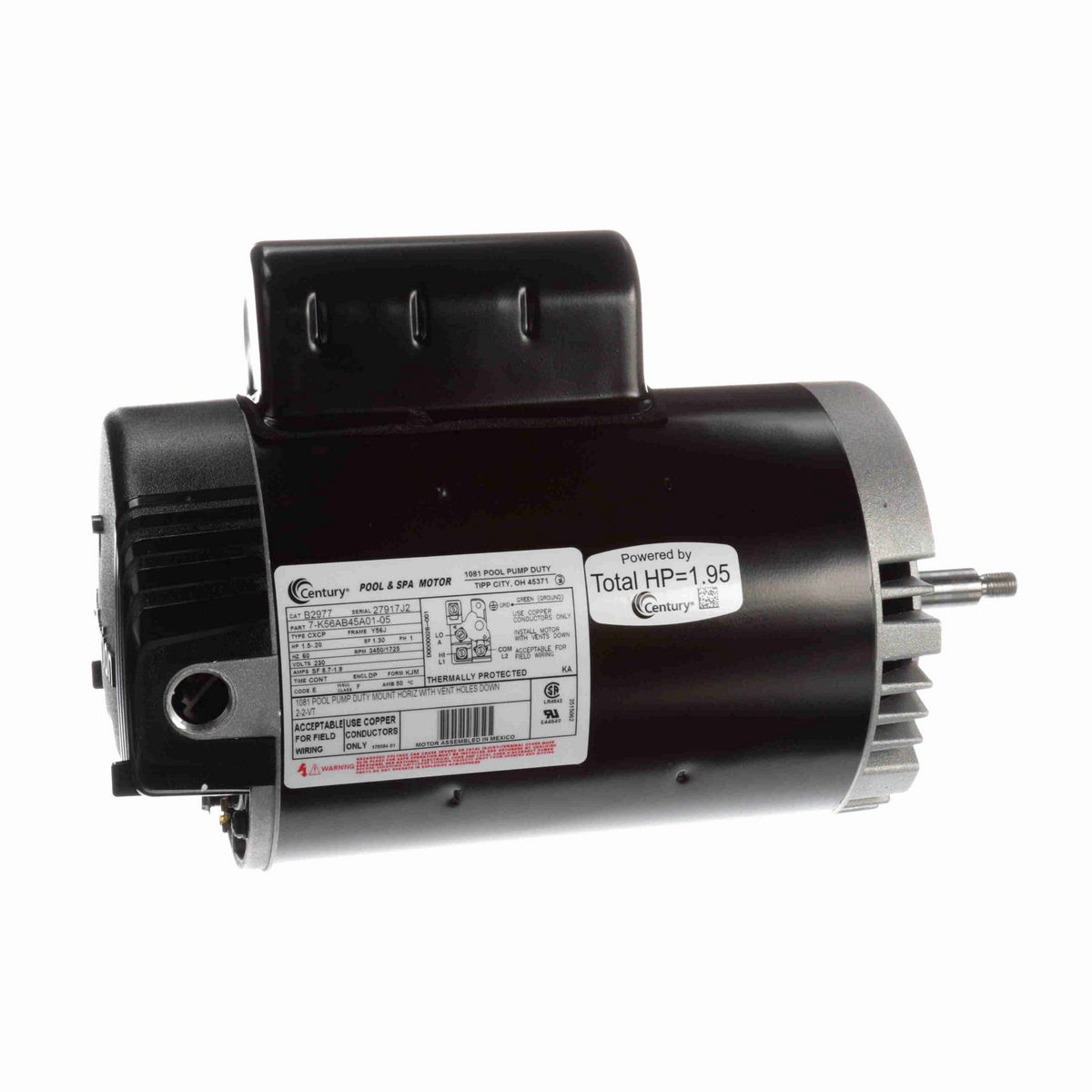 Century Pool Pump Motor, 1.5-.20 HP, 1 Ph, 60 Hz, 230 V, 3600 RPM, Y56J Frame, DP - B2977