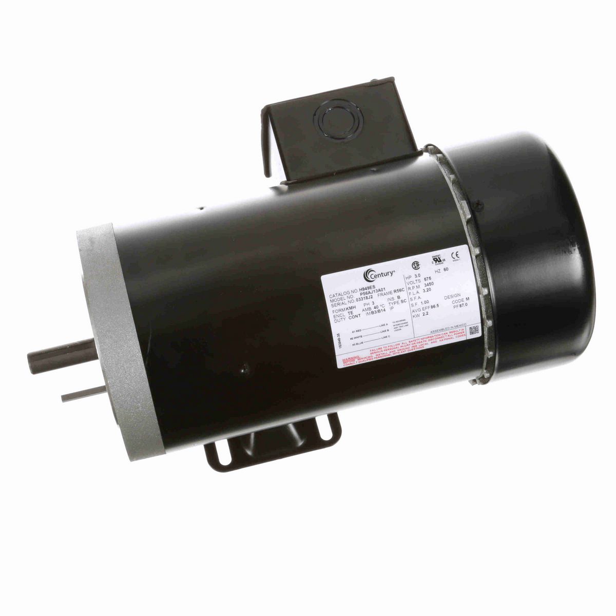 Century General Purpose Motor, 3.0 HP, 3 Ph, 60 Hz, 575 V, 3600 RPM, R56C Frame, TEFC - H949ES