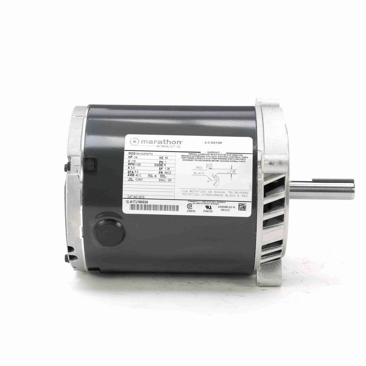 LEESON Fan and Blower Motor, 0.25 HP, 1 Ph, 60 Hz, 115 V, 1800 RPM, 56CZ Frame, DP - H212