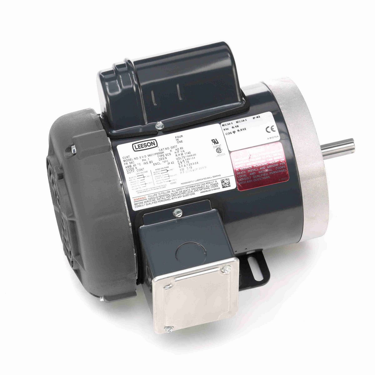 LEESON General Purpose Motor, 0.25 HP, 1 Ph, 60 Hz, 115/208-230 V, 1200 RPM, 56C Frame, TEFC - G577