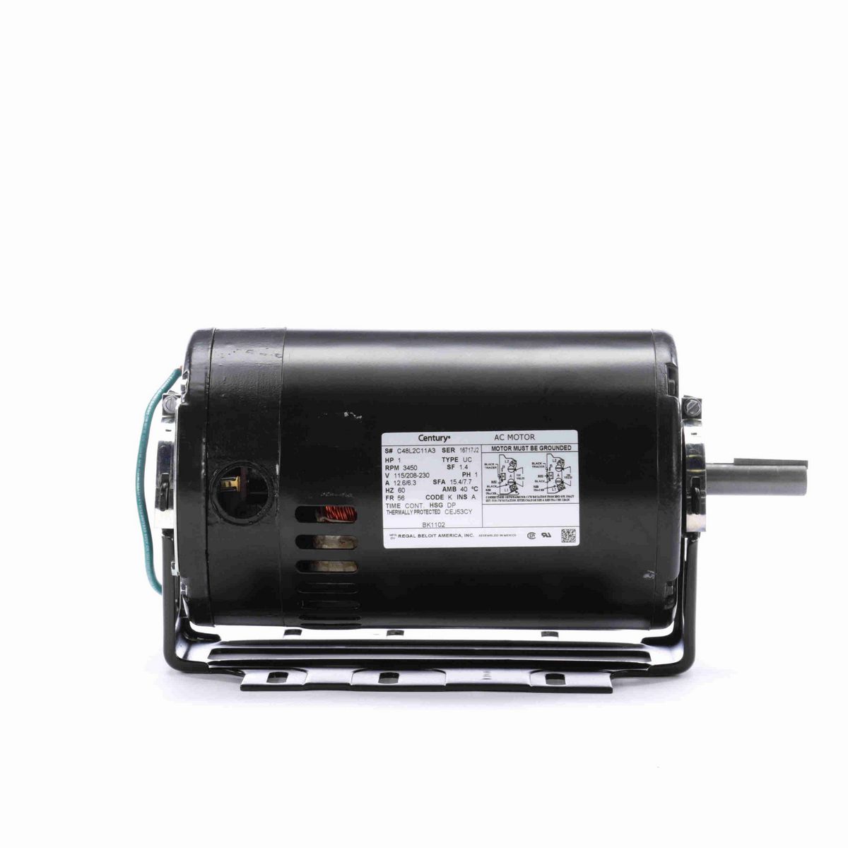 Century Fan and Blower Motor, 1 HP, 1 Ph, 60 Hz, 115/208-230 V, 3600 RPM, 56 Frame, DP - BK1102