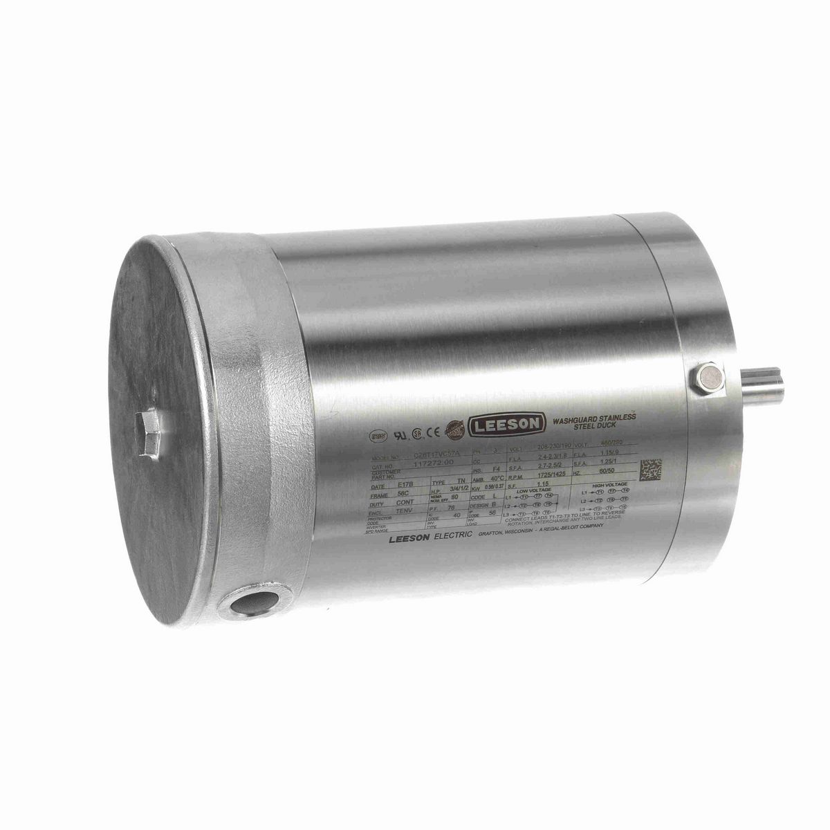 LEESON Premium Duck™ General Purpose Motor, 0.75 & 0.50 HP, 3 Ph, 60 & 50 Hz, 230/460 & 190/380 V, 1800 & 1500 RPM, 56C Frame, TENV - 117272.00