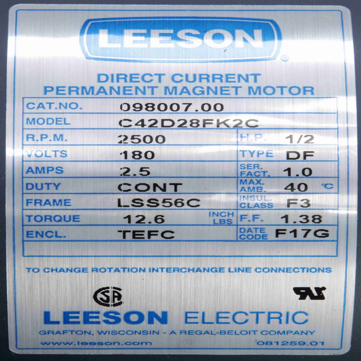 LEESON SCR Motor, 0.50 HP, 180 V, 2500 RPM, SS56C Frame, TEFC - 098007.00