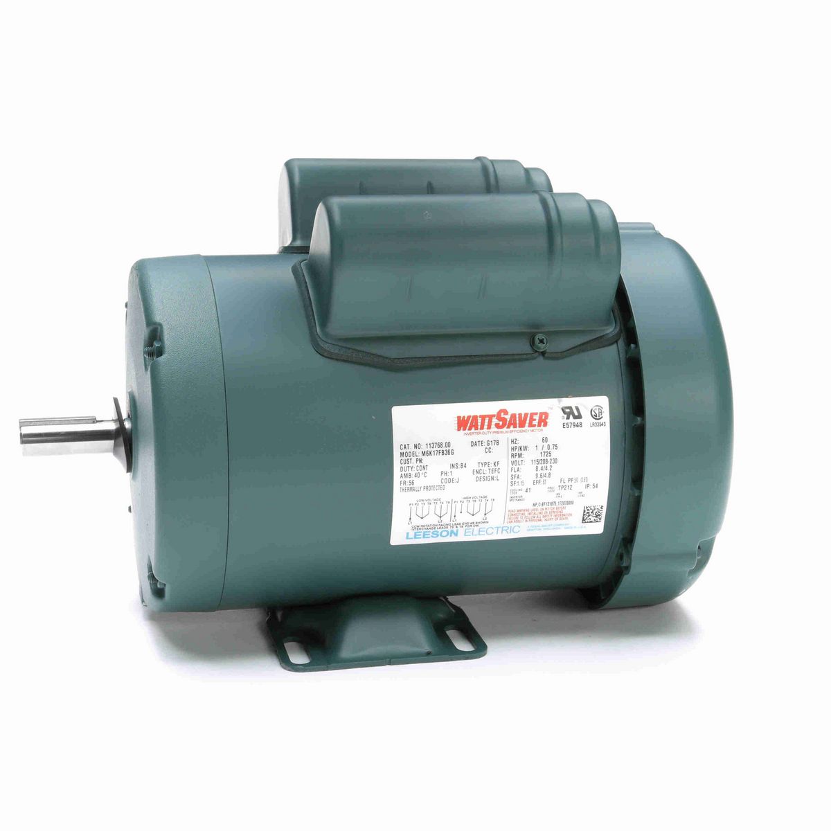 LEESON WATTSAVER® General Purpose Motor, 1 HP, 1 Ph, 60 Hz, 115/230 V, 1800 RPM, 56 Frame, TEFC - 113768.00