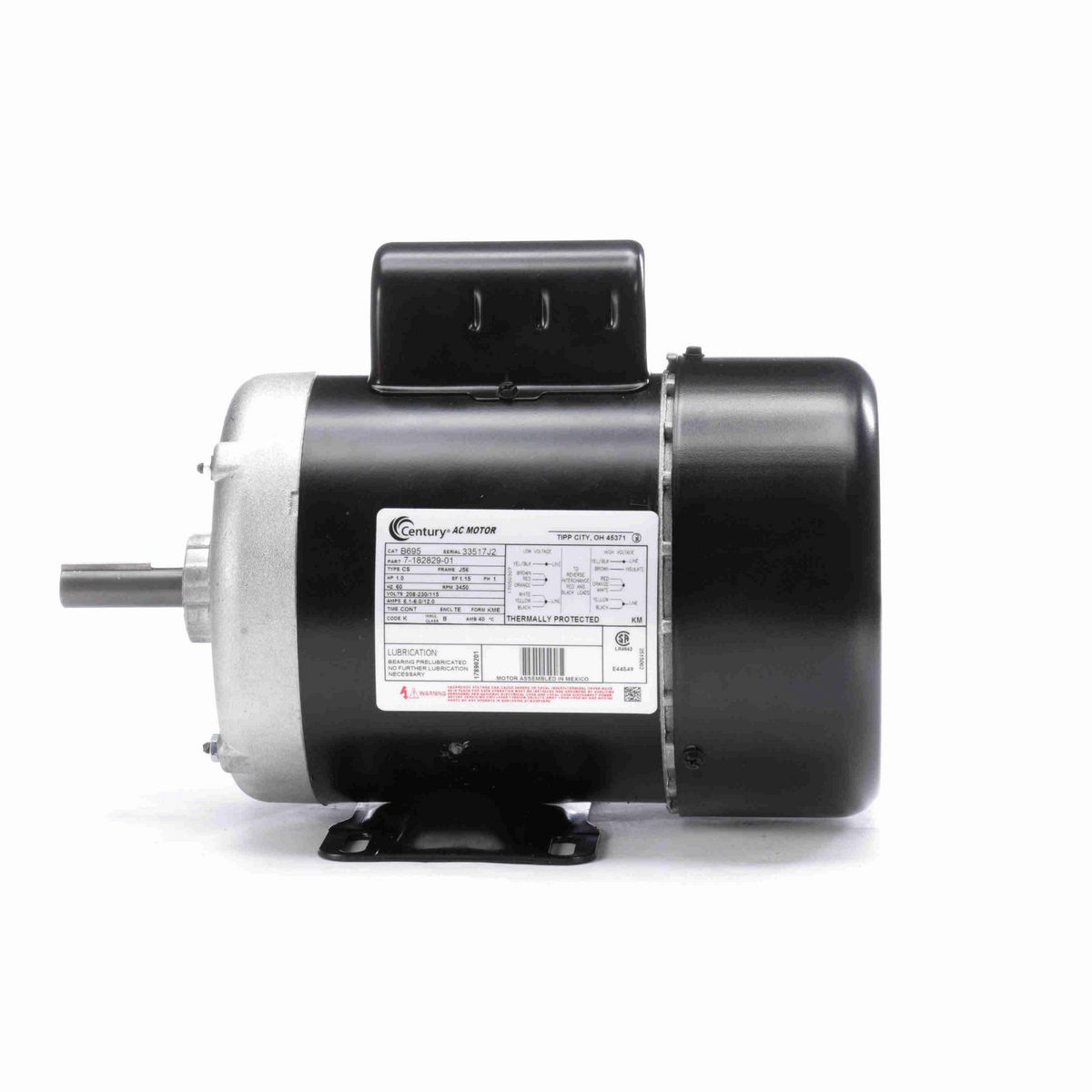 Century General Purpose Motor, 1.0 HP, 1 Ph, 60 Hz, 208-230/115 V, 3600 RPM, J56 Frame, TEFC - B695