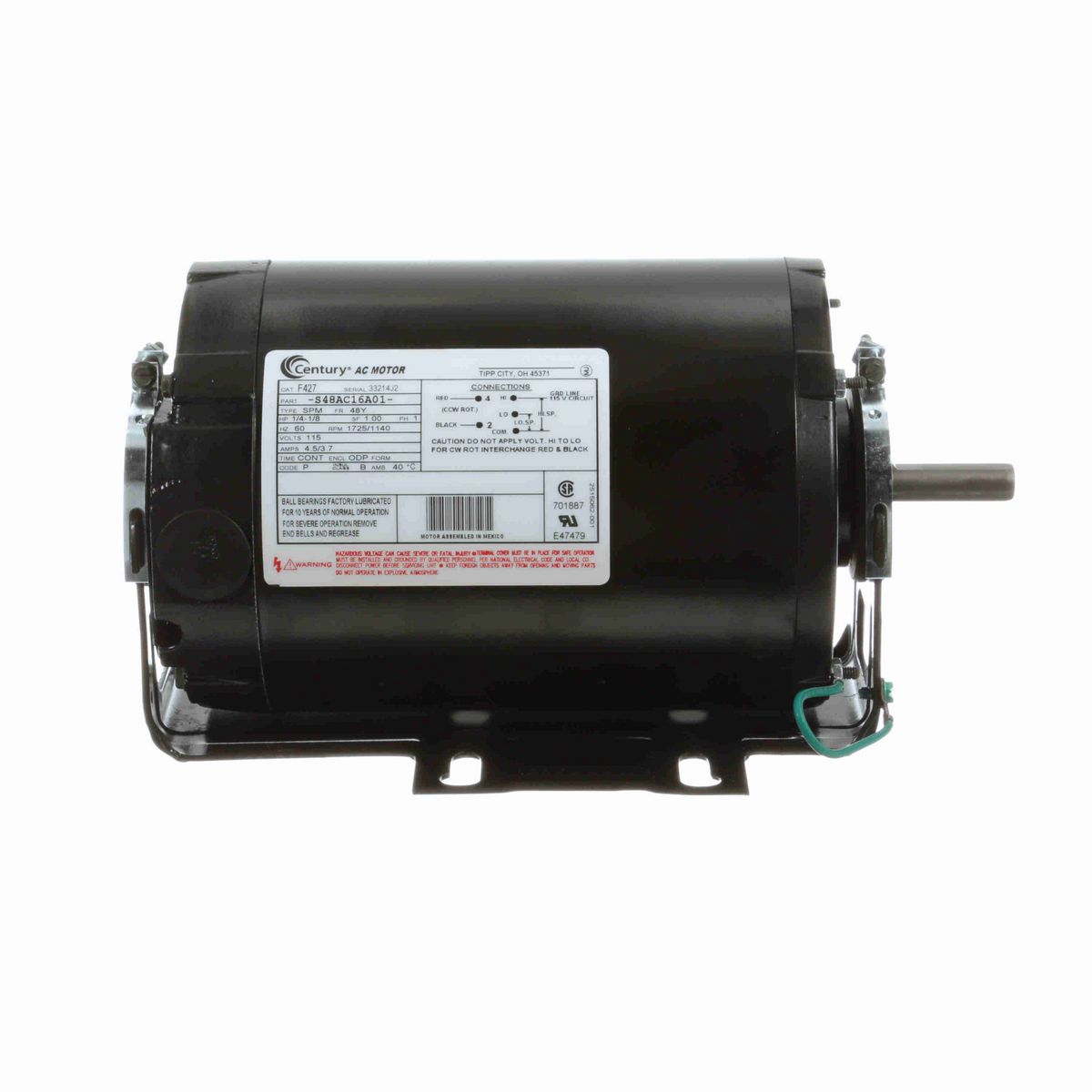 Century General Purpose Motor, 1/4-1/8 HP, 1 Ph, 60 Hz, 115 V, 1800 RPM, 48Y Frame, ODP - F427