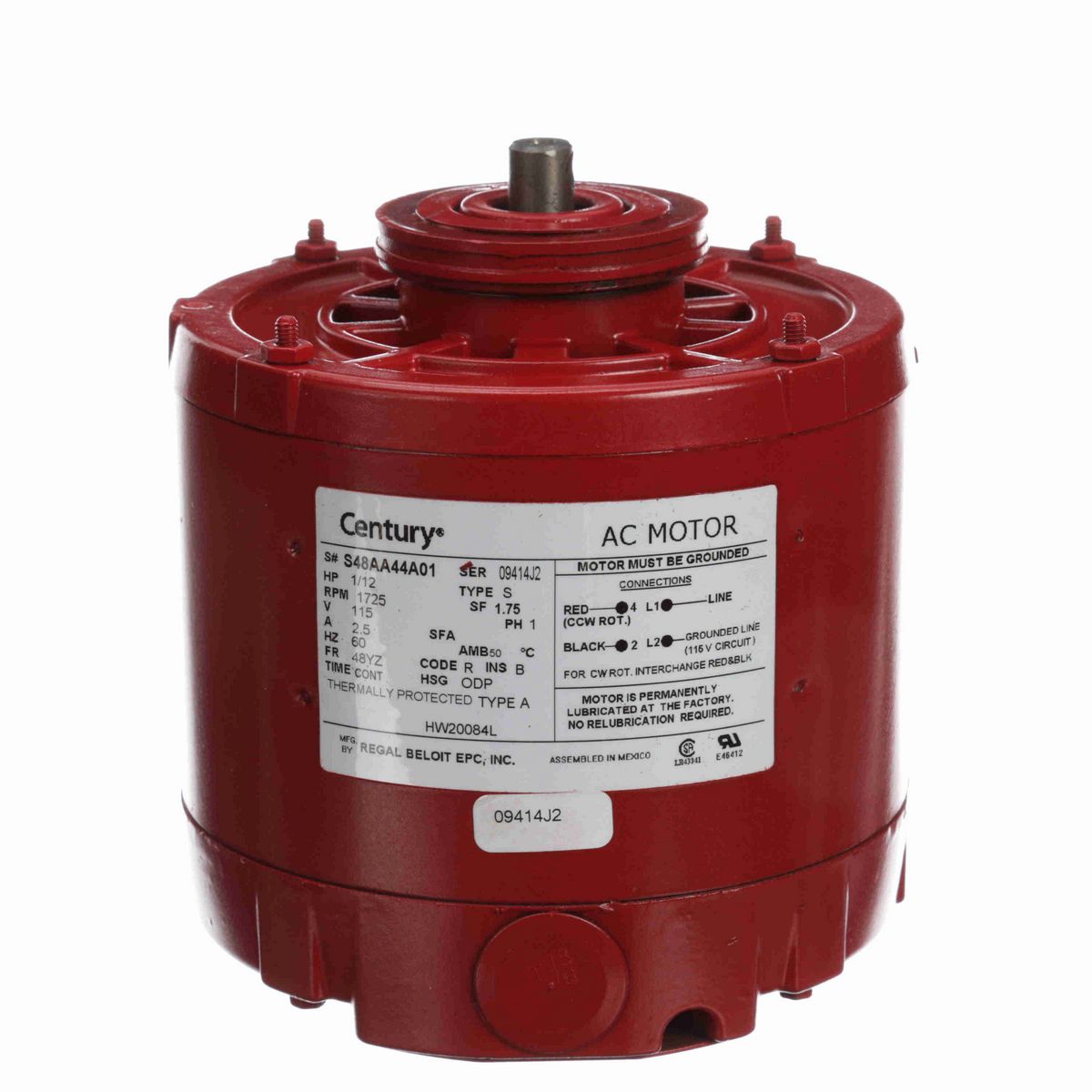 Century Circulator Pump Motor, 1/12 HP, 1 Ph, 60 Hz, 115 V, 1800 RPM, 48YZ Frame, ODP - HW20084L