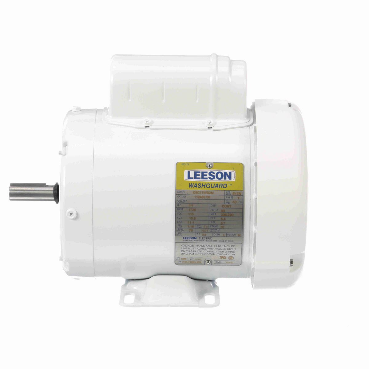 LEESON White Duck™ General Purpose Motor, 0.75 HP, 1 Ph, 60 Hz, 115/230 V, 1800 RPM, 56 Frame, TEFC - 112432.00