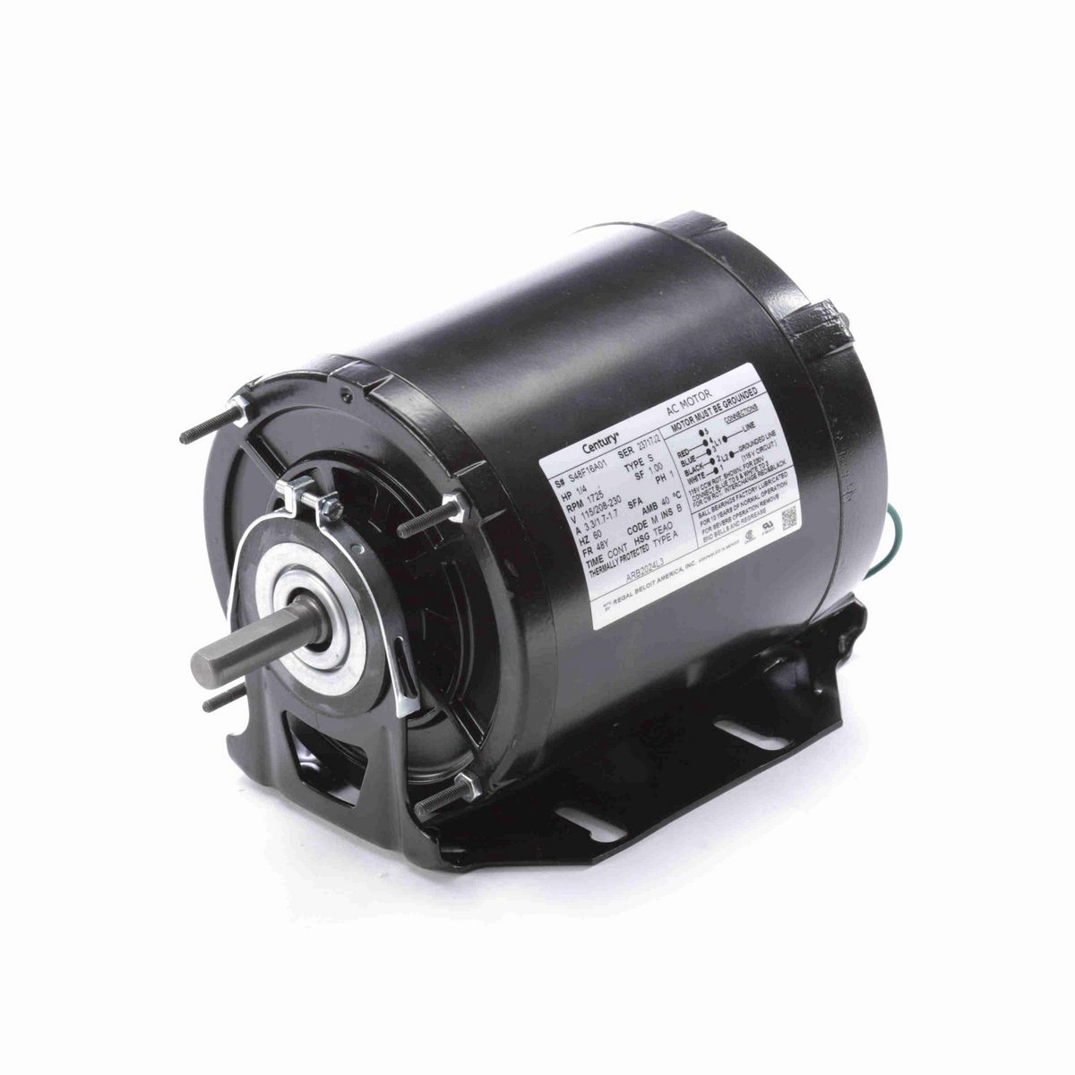 Century Fan and Blower Motor, 1/4 HP, 1 Ph, 60 Hz, 115/208-230 V, 1800 RPM, 48Y Frame, TEAO - ARB2024L3