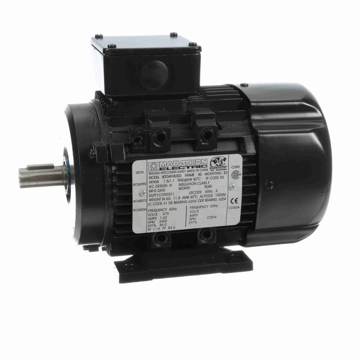 LEESON Aluminium Motor, 1.50 HP, 3 Ph, 60 Hz, 575 V, 3600 RPM, 80M Frame, TEFC - R415