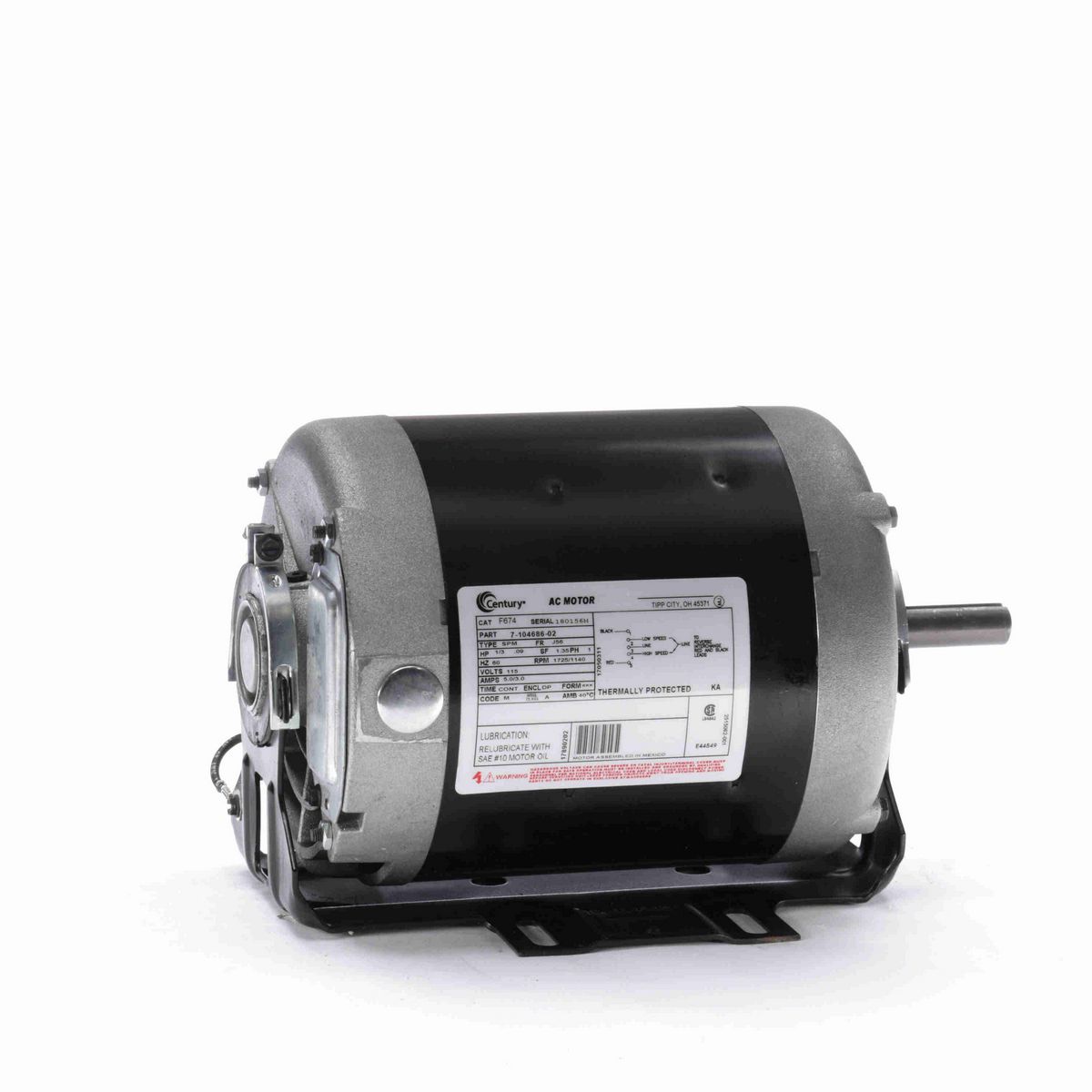 Century Fan and Blower Motor, 1/3-.09 HP, 1 Ph, 60 Hz, 115 V, 1800 RPM, J56 Frame, DP - F674