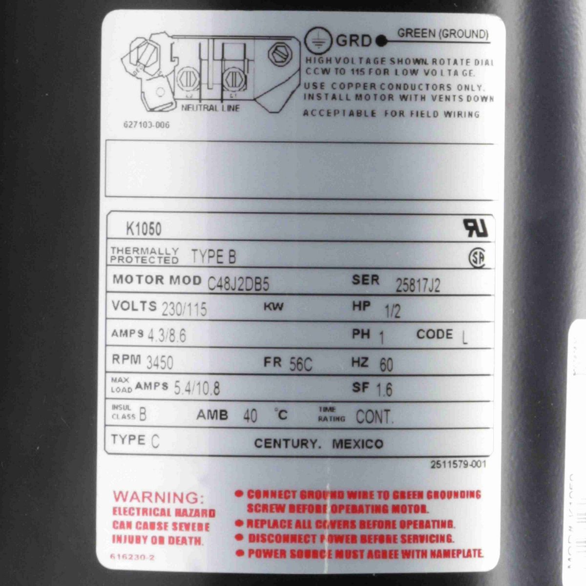 Century Jet Pump Motor, 1/2 HP, 1 Ph, 60 Hz, 230/115 V, 3600 RPM, 56C Frame, ODP - K1050