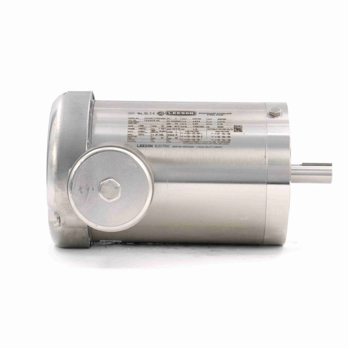 LEESON Premium Duck™ General Purpose Motor, 1.50 & 1 HP, 3 Ph, 60 & 50 Hz, 230/460 & 190/380 V, 1800 & 1500 RPM, 145TC Frame, TEFC - 122203.00