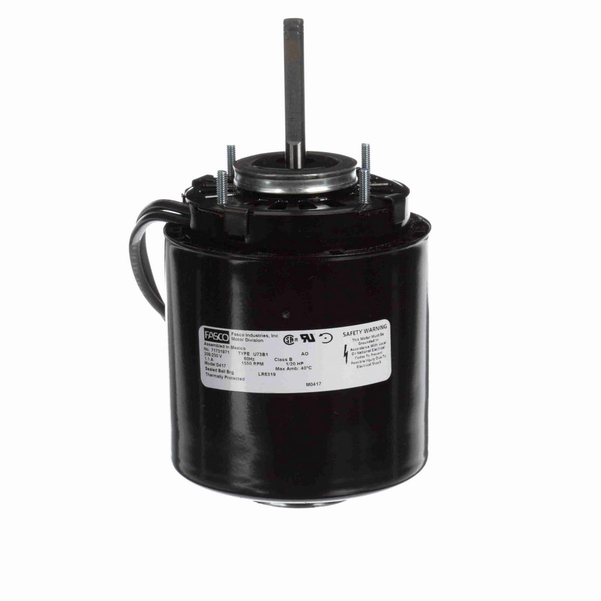 FASCO Refrigeration Motor, 1/20 HP, 1 Ph, 60 Hz, 208-230 V, 1550 RPM, 1 Speed, 3.3" Diameter, OAO - D417