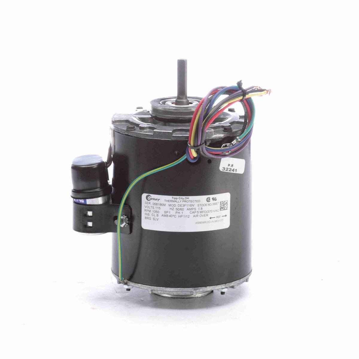 Century Refrigeration Motor, 1/12 HP, 1 Ph, 60/50 Hz, 115 V, 1050 RPM, 1 Speed, 42 Frame, TEAO - 9667