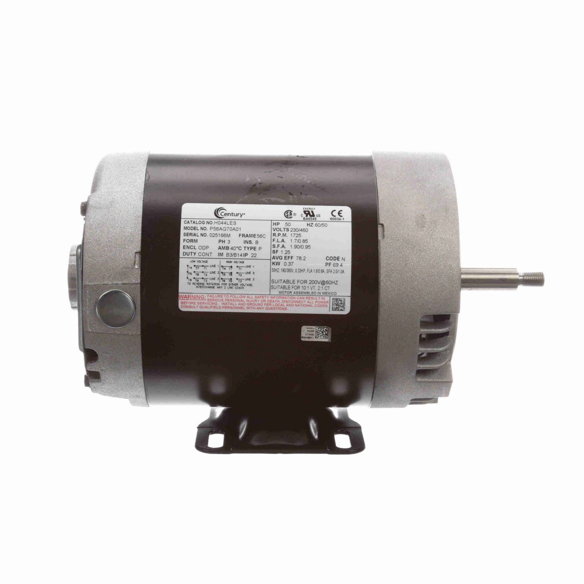 Century General Purpose Motor, .50 HP, 3 Ph, 60 Hz, 230/460 V, 1800 RPM, 56C Frame, ODP - H044LES