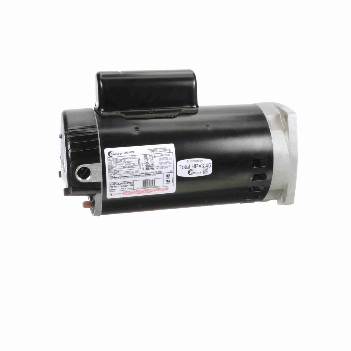 Century Pool Pump Motor, 3.0/0.38 HP, 1 Ph, 60 Hz, 230 V, 3600 RPM, Y56Y Frame, ODP - B2987