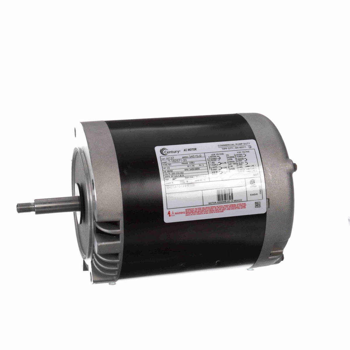 Century General Purpose Pump Motor, 1/3 HP, 3 Ph, 60/50 Hz, 200-230/460 V, 3600 RPM, K56J Frame, DP - H137