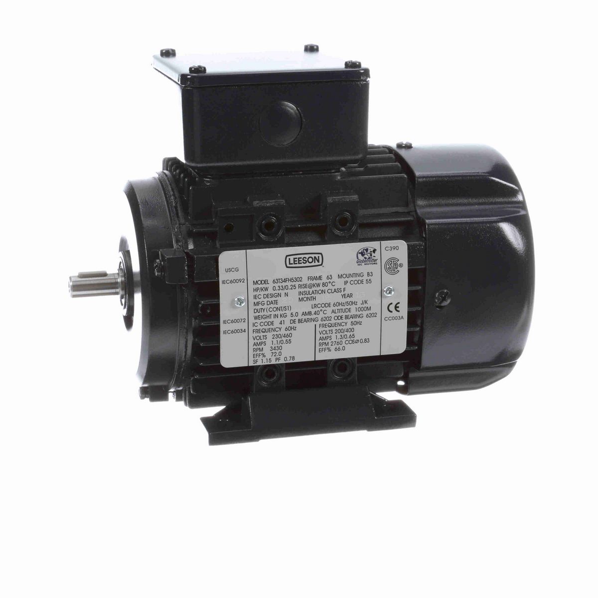 LEESON Aluminium Motor, 0.33 & 0.33 HP, 3 Ph, 60 & 50 Hz, 230/460 & 200/400 V, 3600 & 3000 RPM, 63 Frame, TEFC - R303