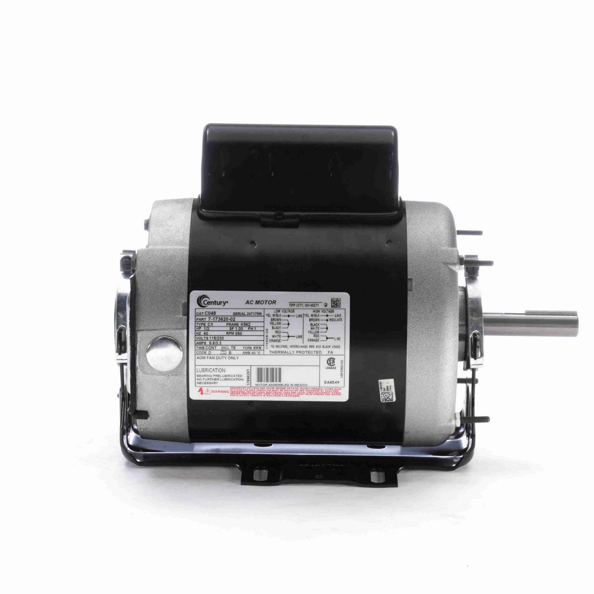 Century Direct Drive Fan Motor, 1/2 HP, 1 Ph, 60 Hz, 115/230 V, 900 RPM, K56Z Frame, TEAO - C048