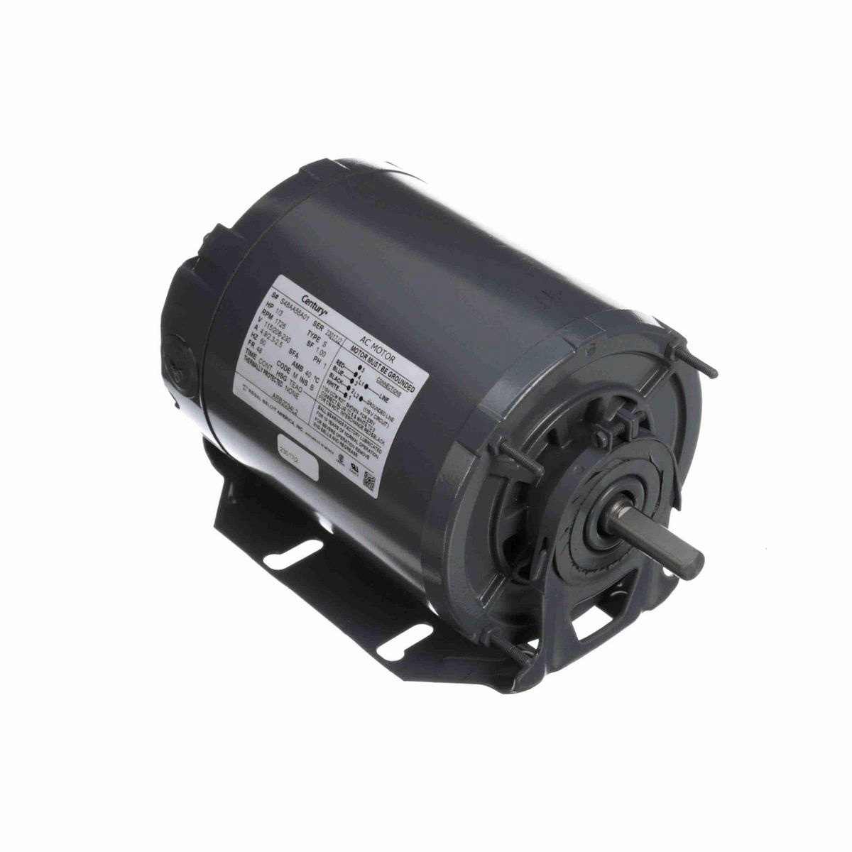 Century Fan and Blower Motor, 1/3 HP, 1 Ph, 60 Hz, 115/208-230 V, 1800 RPM, 48 Frame, TEAO - ARB2034L2