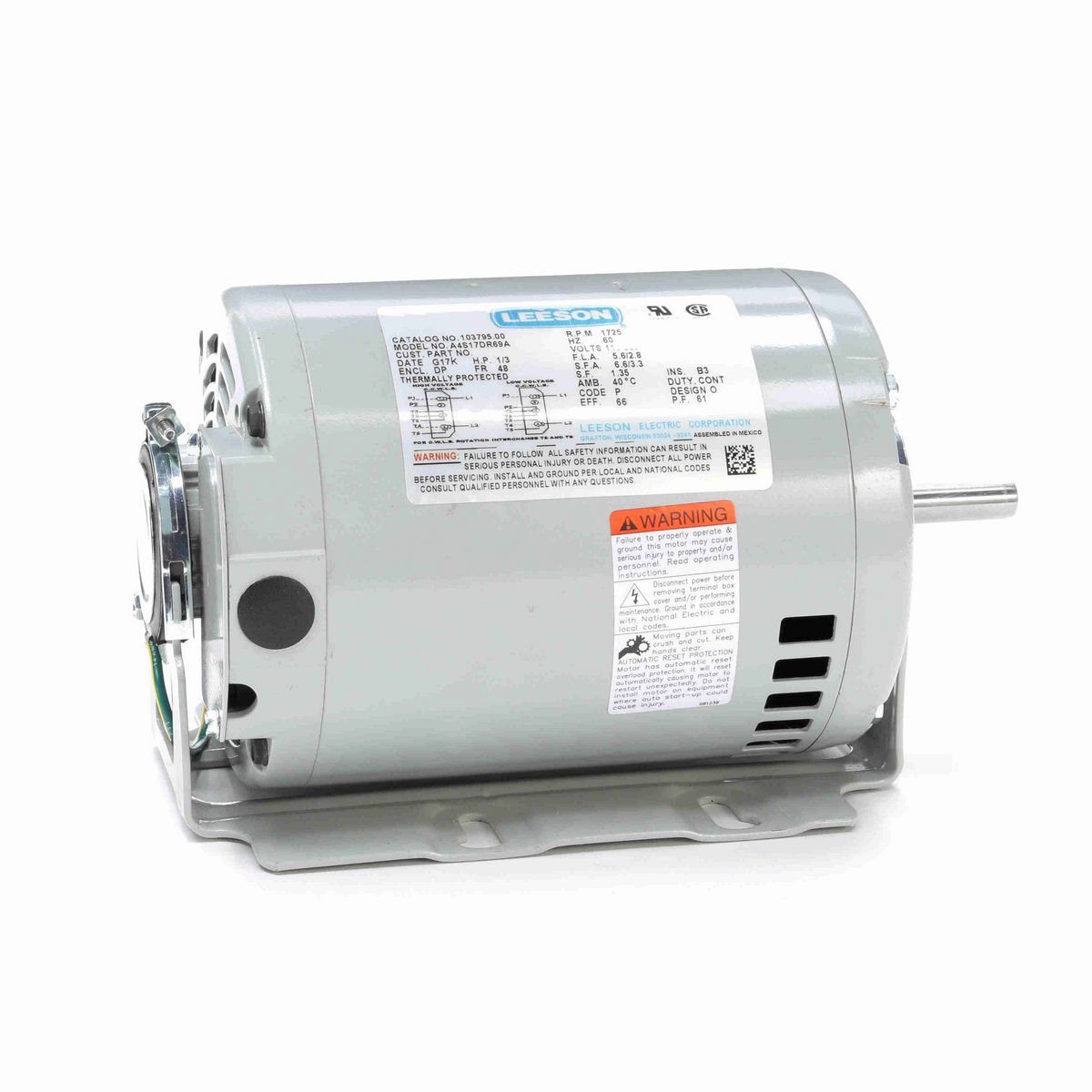 LEESON Refrigeration Motor, 0.33 HP, 1 Ph, 60 Hz, 115/230 V, 1800 RPM, 48 Frame, DP - 103795.00