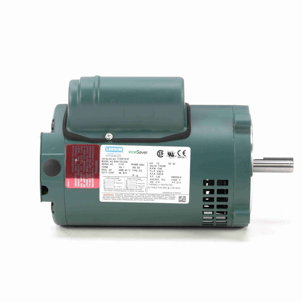 LEESON ecoSaver™ General Purpose Motor, 0.50 HP, 1 Ph, 60 Hz, 115/230 V, 1800 RPM, S56C Frame, DP - E100019.00