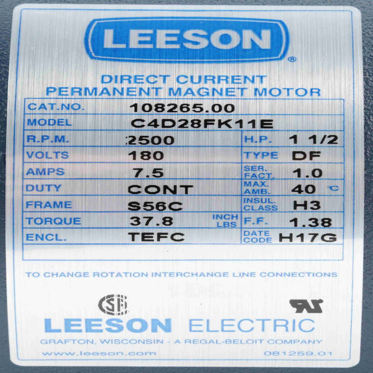 LEESON SCR Motor, 1.50 HP, 180 V, 2500 RPM, S56C Frame, TEFC - 108265.00