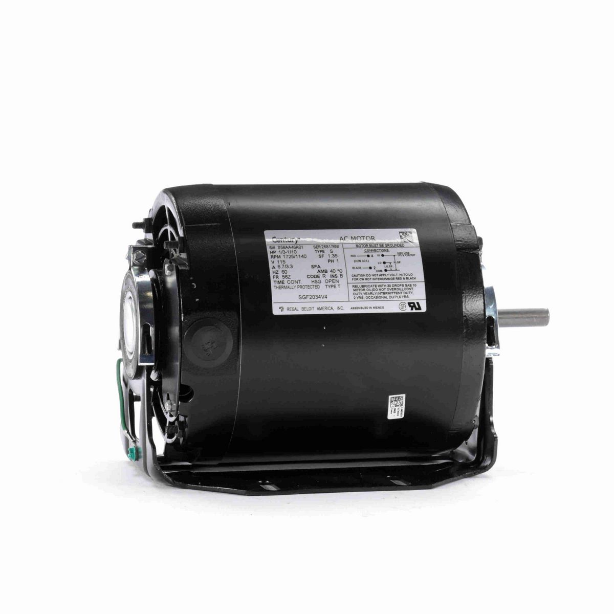 Century Fan and Blower Motor, 1/3-1/10 HP, 1 Ph, 60 Hz, 115 V, 1800 RPM, 56Z Frame, OPEN - SGF2034V4