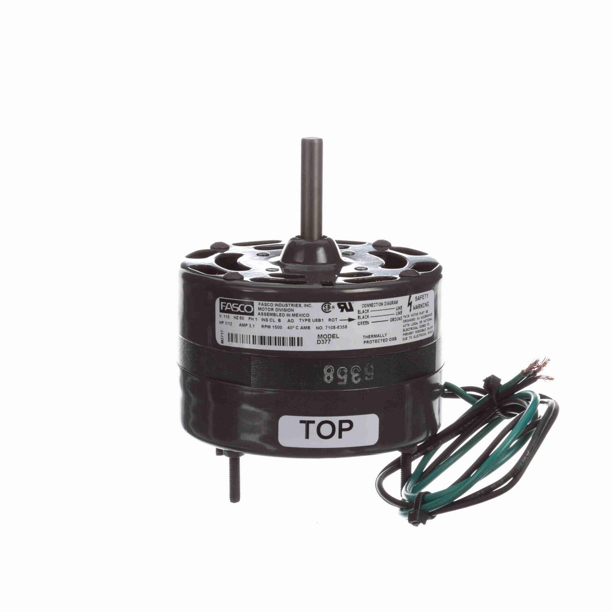 FASCO OEM Replacement Motor, 1/12 HP, 1 Ph, 60 Hz, 115 V, 1500 RPM, 1 Speed, 4.4" Diameter, OAO - D377