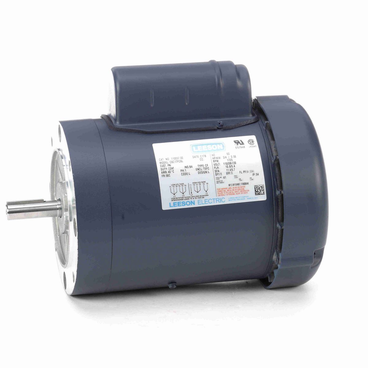 LEESON General Purpose Motor, 0.75 HP, 1 Ph, 60 Hz, 115/230 V, 1800 RPM, 56C Frame, TEFC - 110057.00