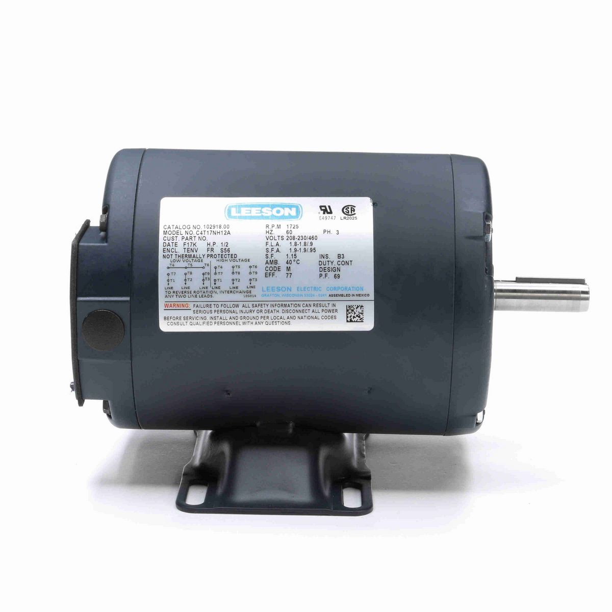 LEESON General Purpose Motor, 0.50 HP, 3 Ph, 60 Hz, 230/460 V, 1800 RPM, S56 Frame, TENV - 102918.00