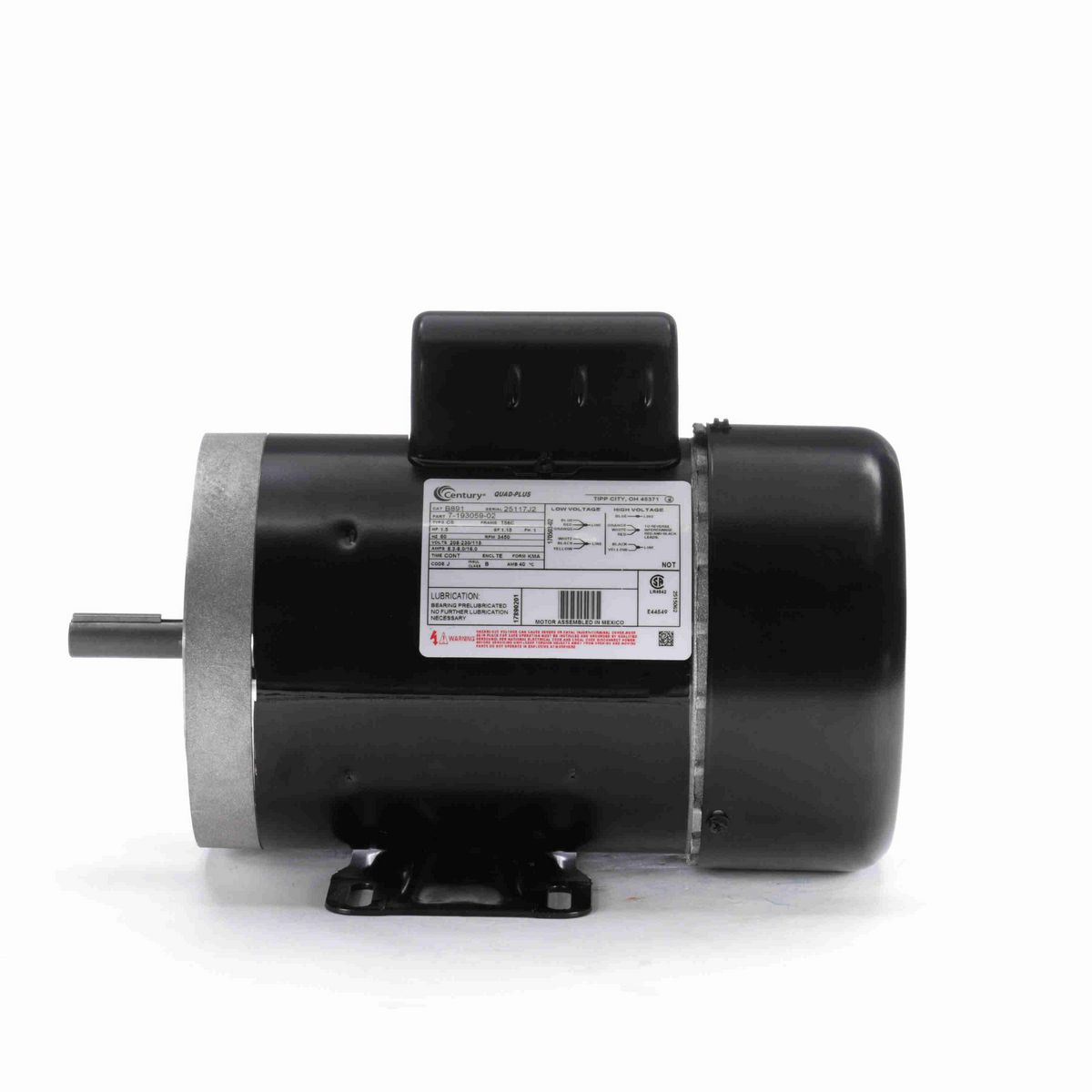 Century General Purpose Motor, 1.5 HP, 1 Ph, 60 Hz, 208-230/115 V, 3600 RPM, T56C Frame, TEFC - B891