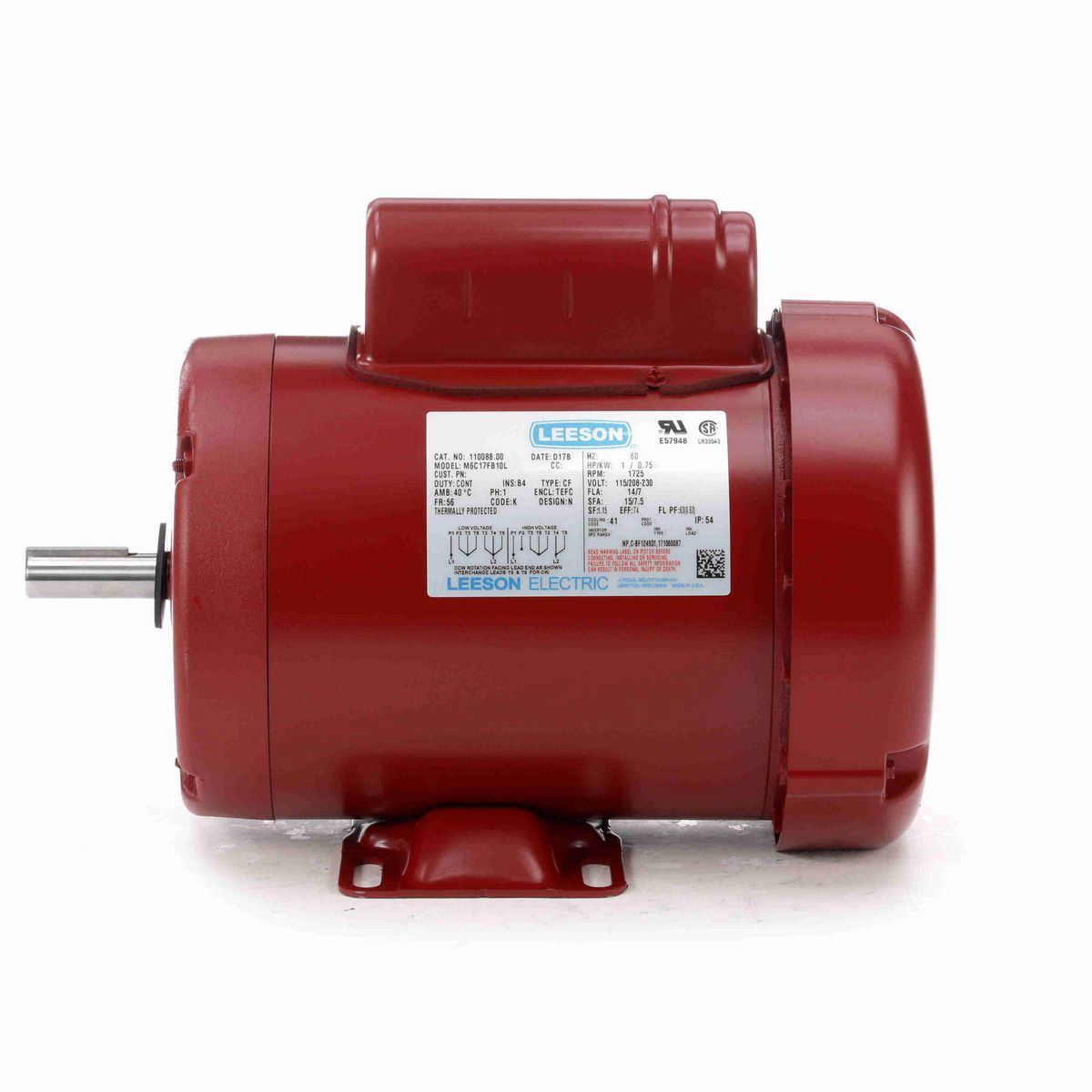 LEESON Agricultural Motor, 1 HP, 1 Ph, 60 Hz, 115/230 V, 1800 RPM, 56 Frame, TEFC - 110088.00